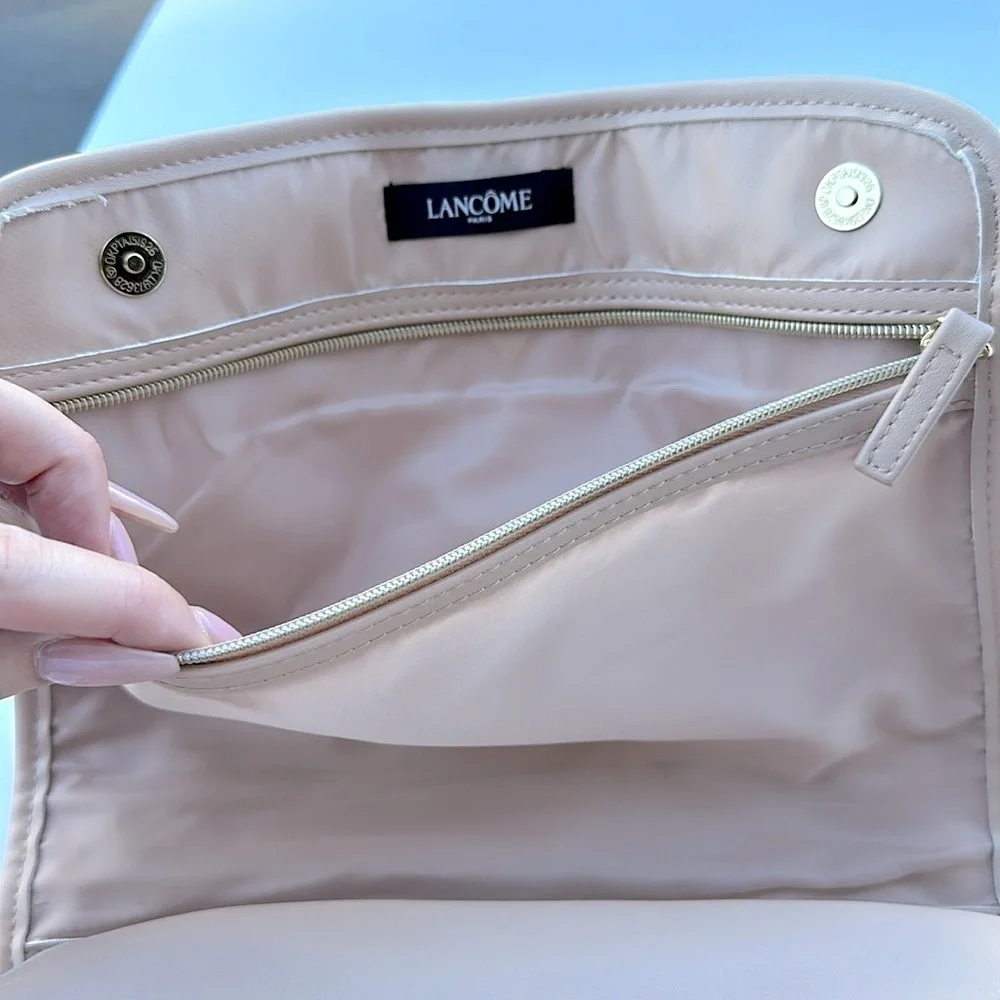 Lancome Faux Leather Tri - Fold Cosmetic Makeup Bag Train Case ~ Nude/Tan